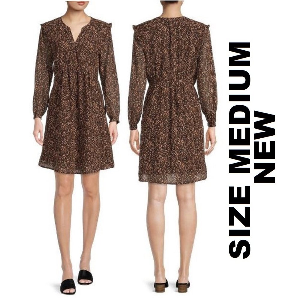 NEW Size Medium Knee-length Dress long sleeve Brown black Babydoll Midi knee